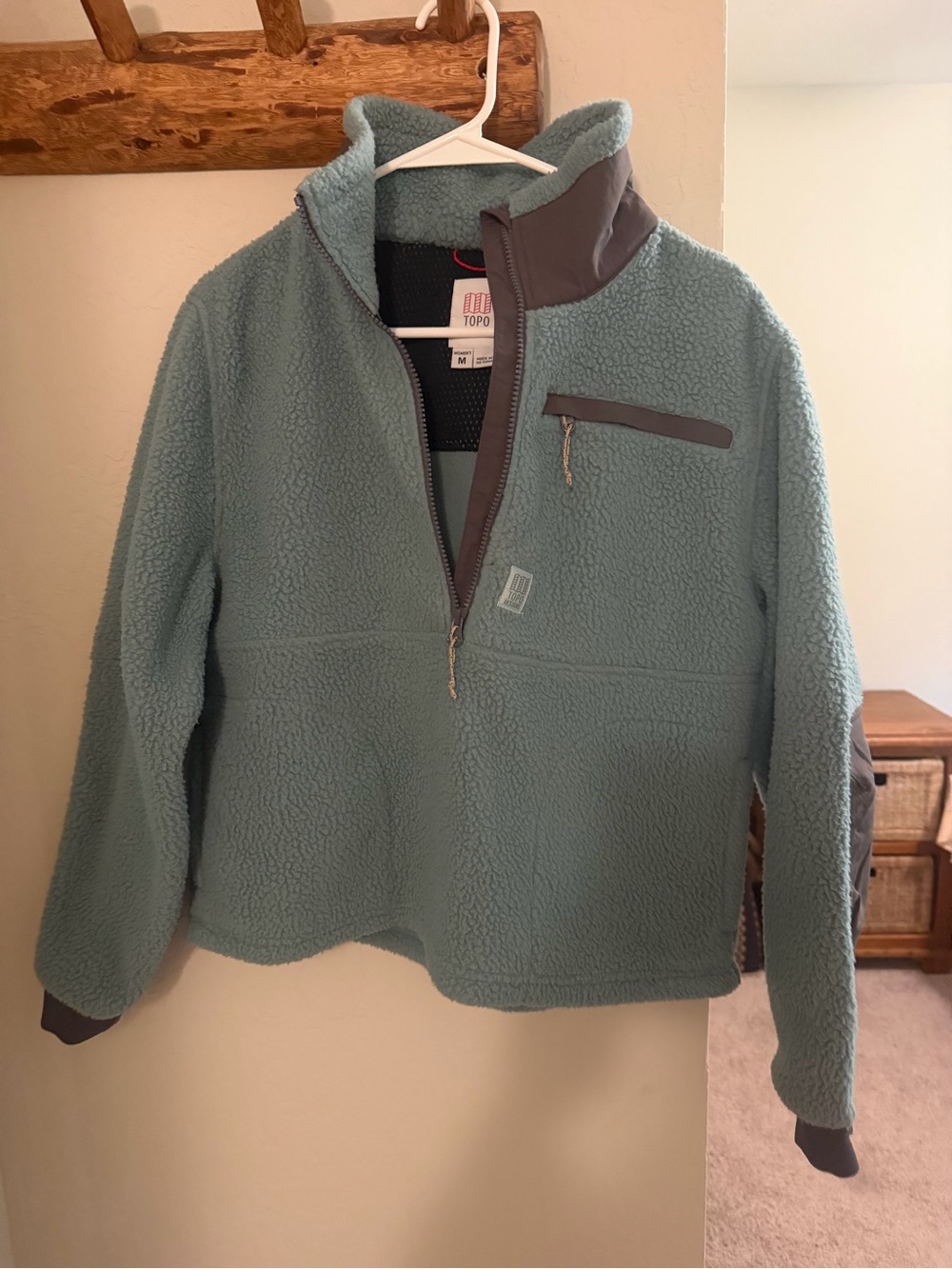 Topo Designs Women’s Light Green Fleece Pullover with Gray Trim